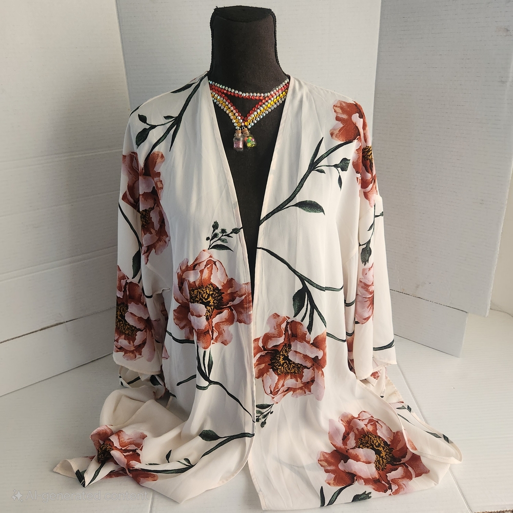 Forever 21 Cream Kimono with Pink and Green Floral Design